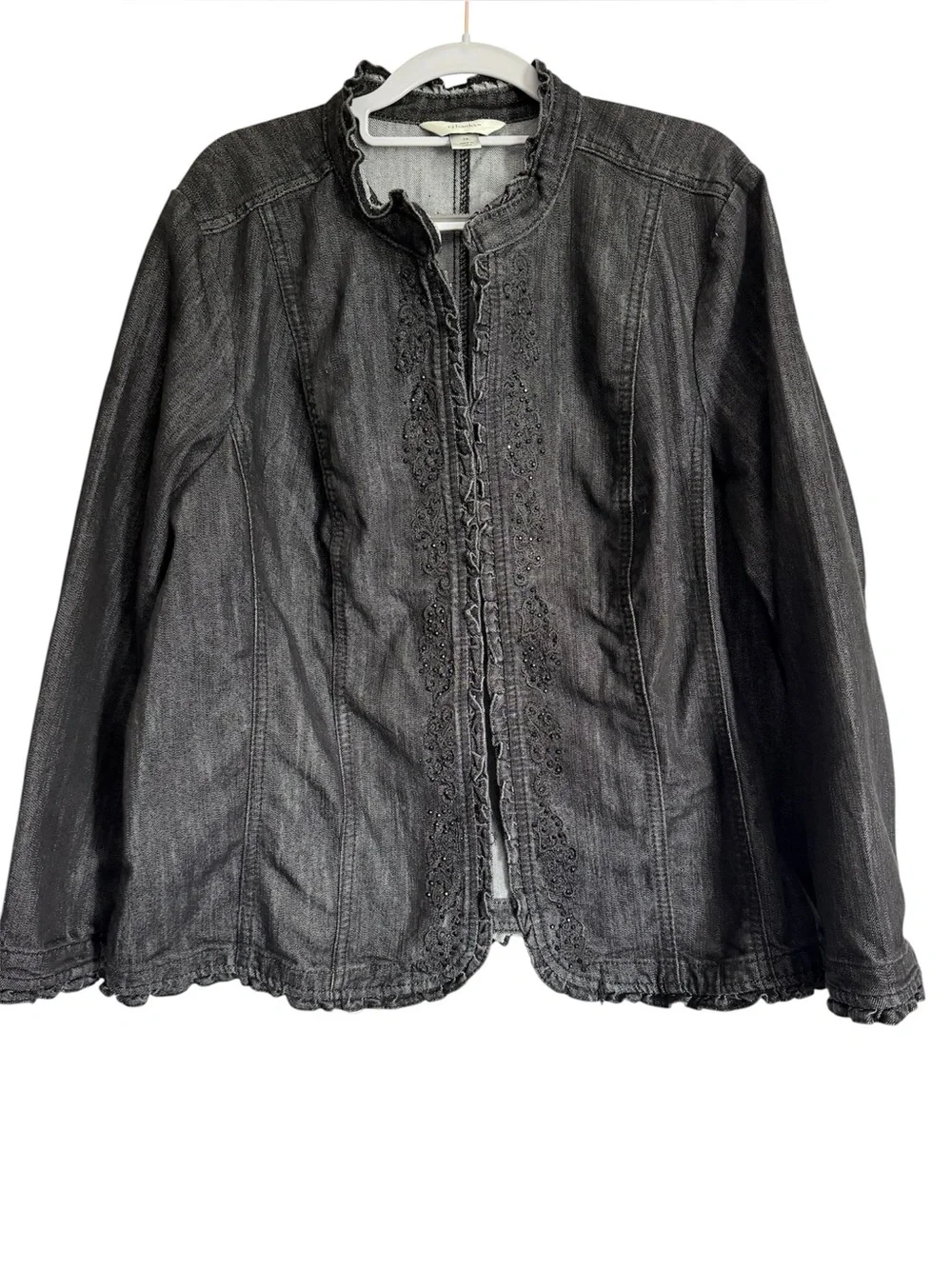 CJ Banks Black Ruffle-Trim Denim Jacket